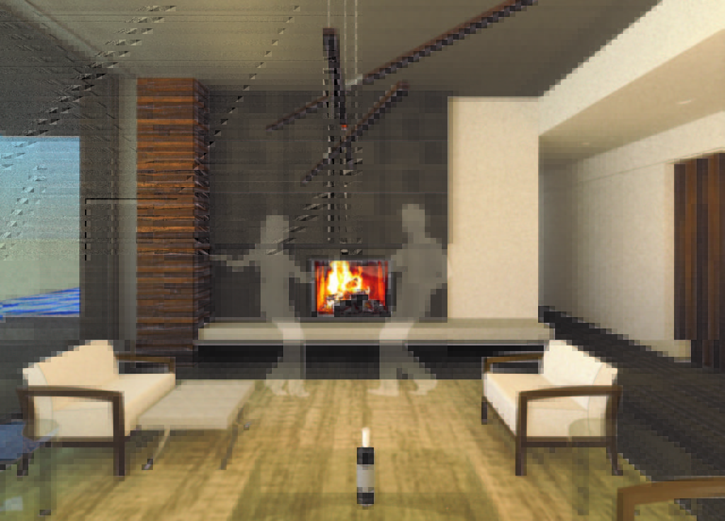 Designer renderings couple dancing in front of a fireplace
