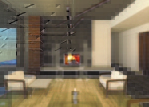Designer renderings couple dancing in front of a fireplace
