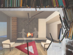 Design table with pens and a rendering of people dancing in front of a fire