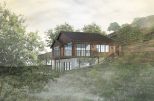 Architectural rendering of a building on a hillside with trees